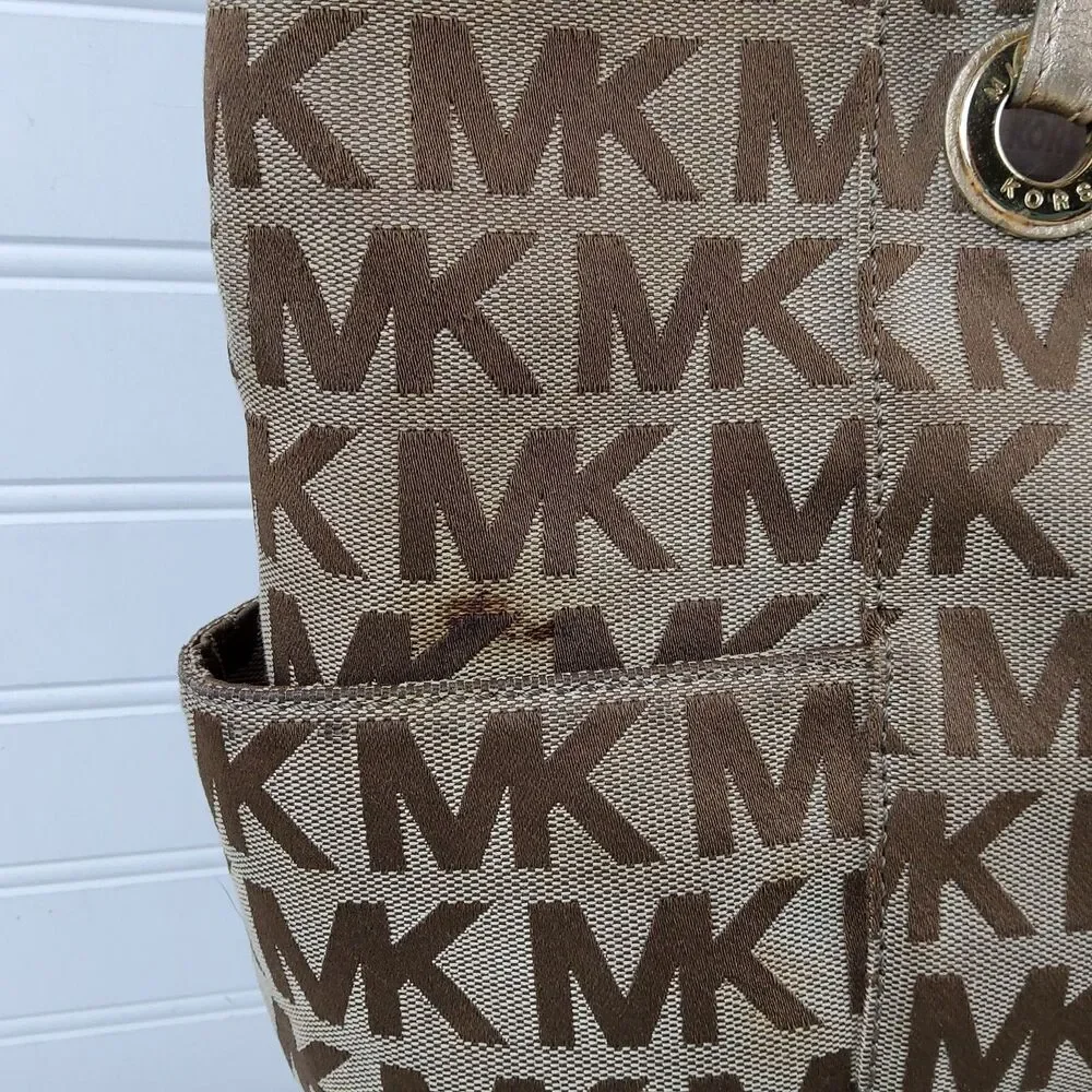 Michael Kors MK Signature Tote Shoulder Handbag Purse Brown